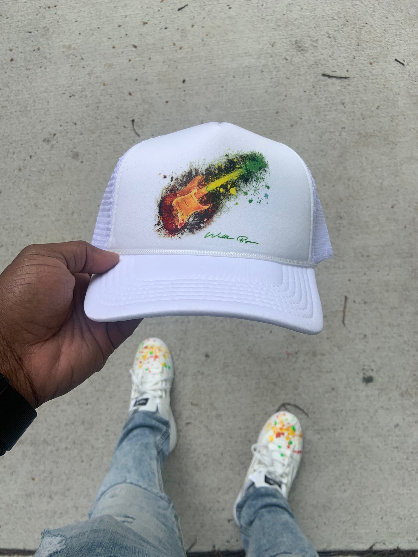 White guitar trucker hat